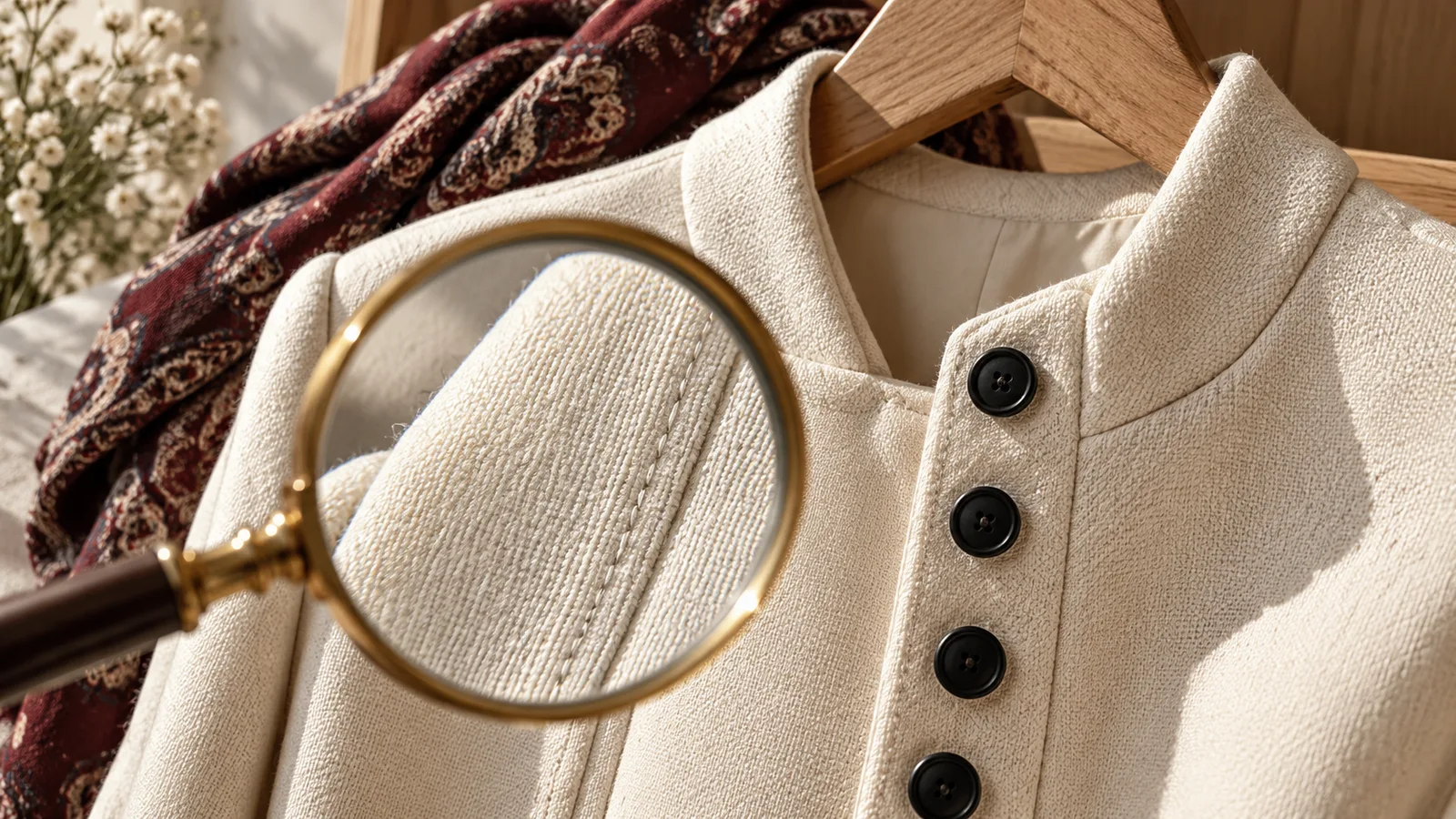 Helle Jacke mit schwarzen Knöpfen und Lupe über dem Stoff