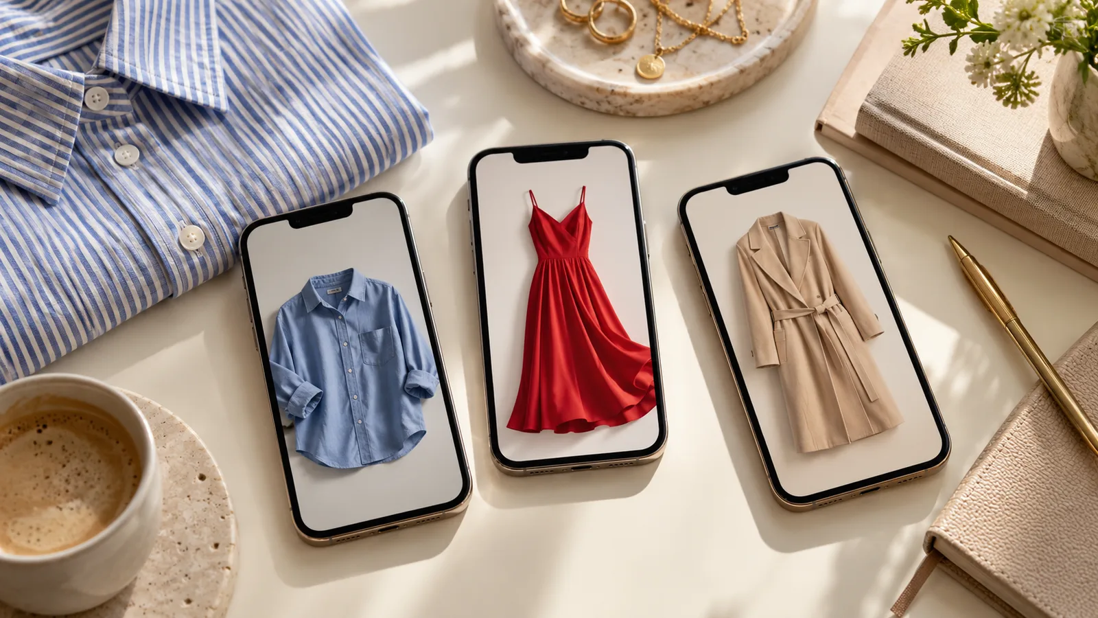 Three phones showing clothing photos beside a folded striped shirt