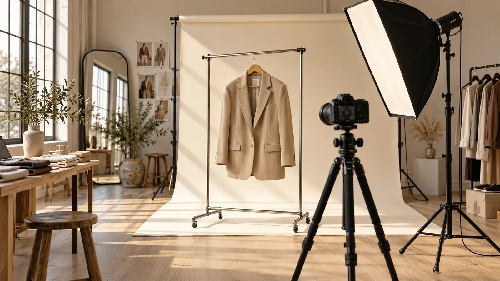 Fotostudio met een softbox, camera en beige blazer