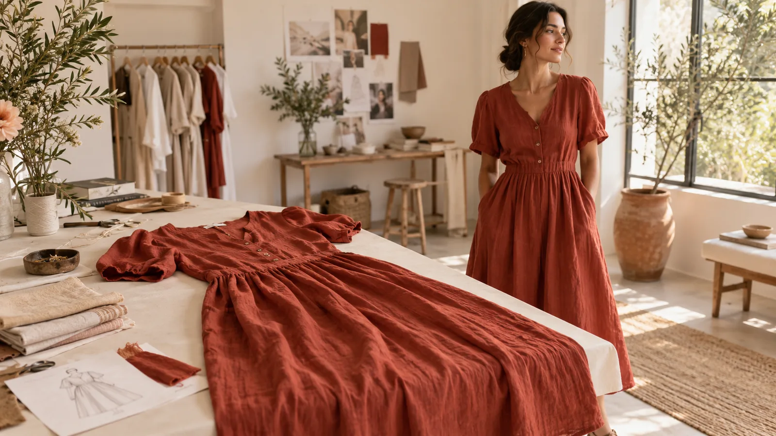 Rostrotes Kleid flach ausgelegt und eine Frau in einem ähnlichen Kleid