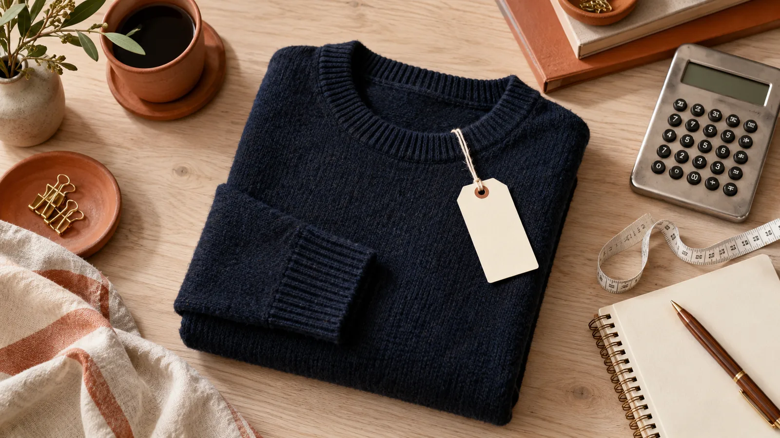Jersey azul marino, etiqueta de precio, calculadora y cinta métrica en una mesa