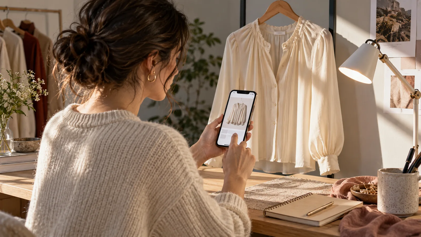 Móvil con una foto de ropa junto a una blusa clara y una lámpara