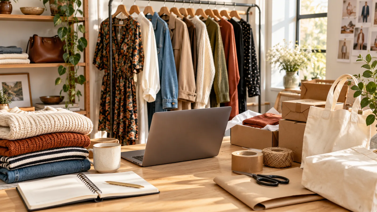 Espacio de reventa con ropa en un perchero, paquetes y portátil