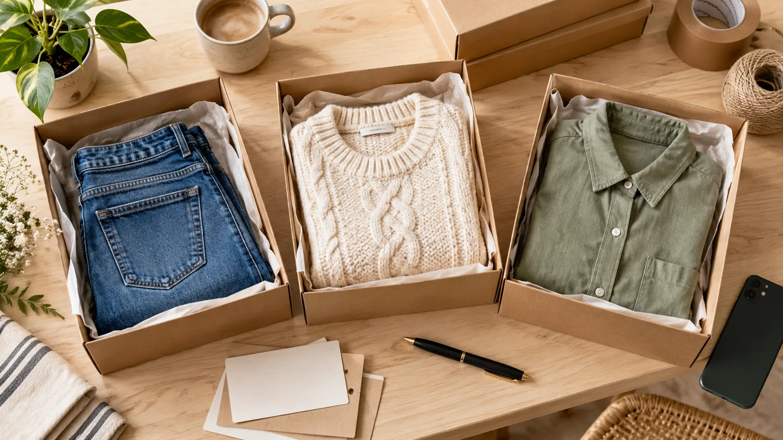 Tres pedidos de ropa listos para enviar en embalajes de cartón