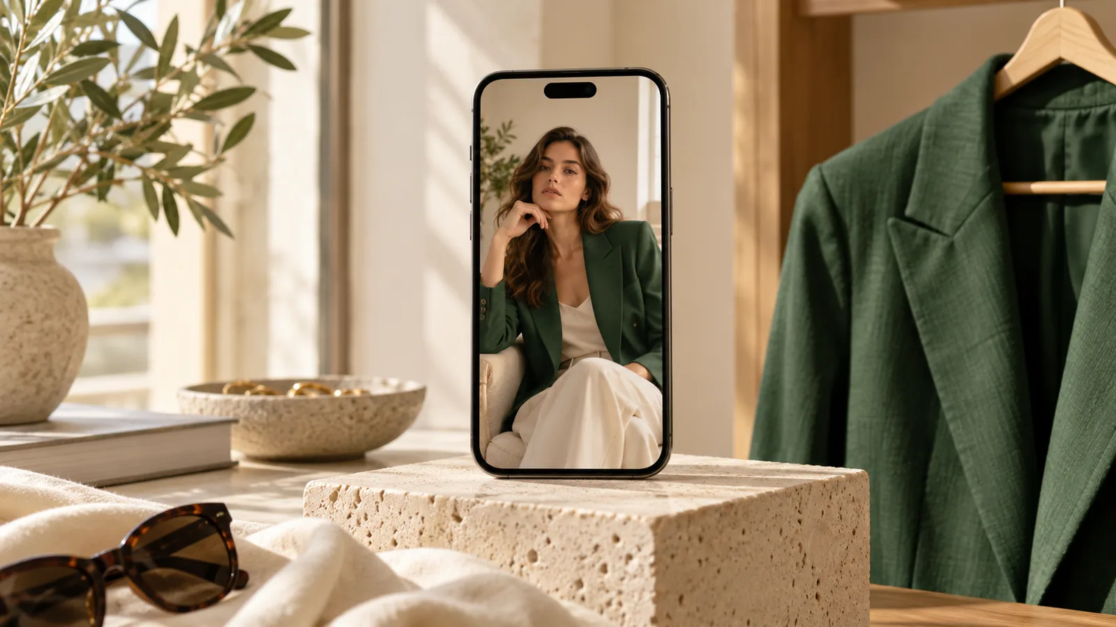 Phone showing a woman in a green blazer with a blazer on a hanger behind