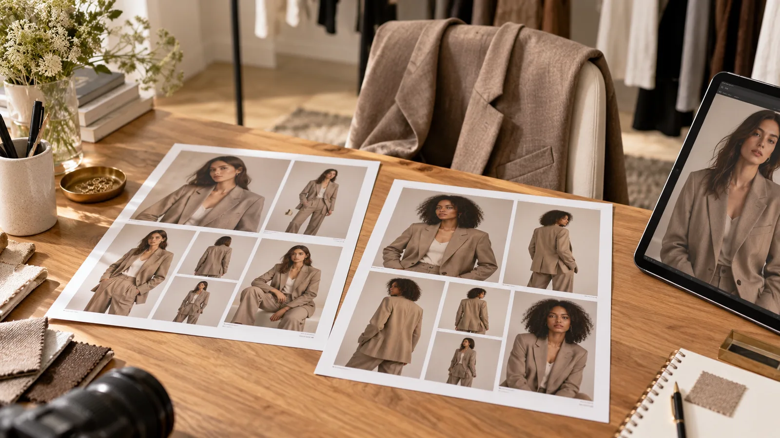 Contact sheets of models in a taupe blazer beside a tablet and blazer