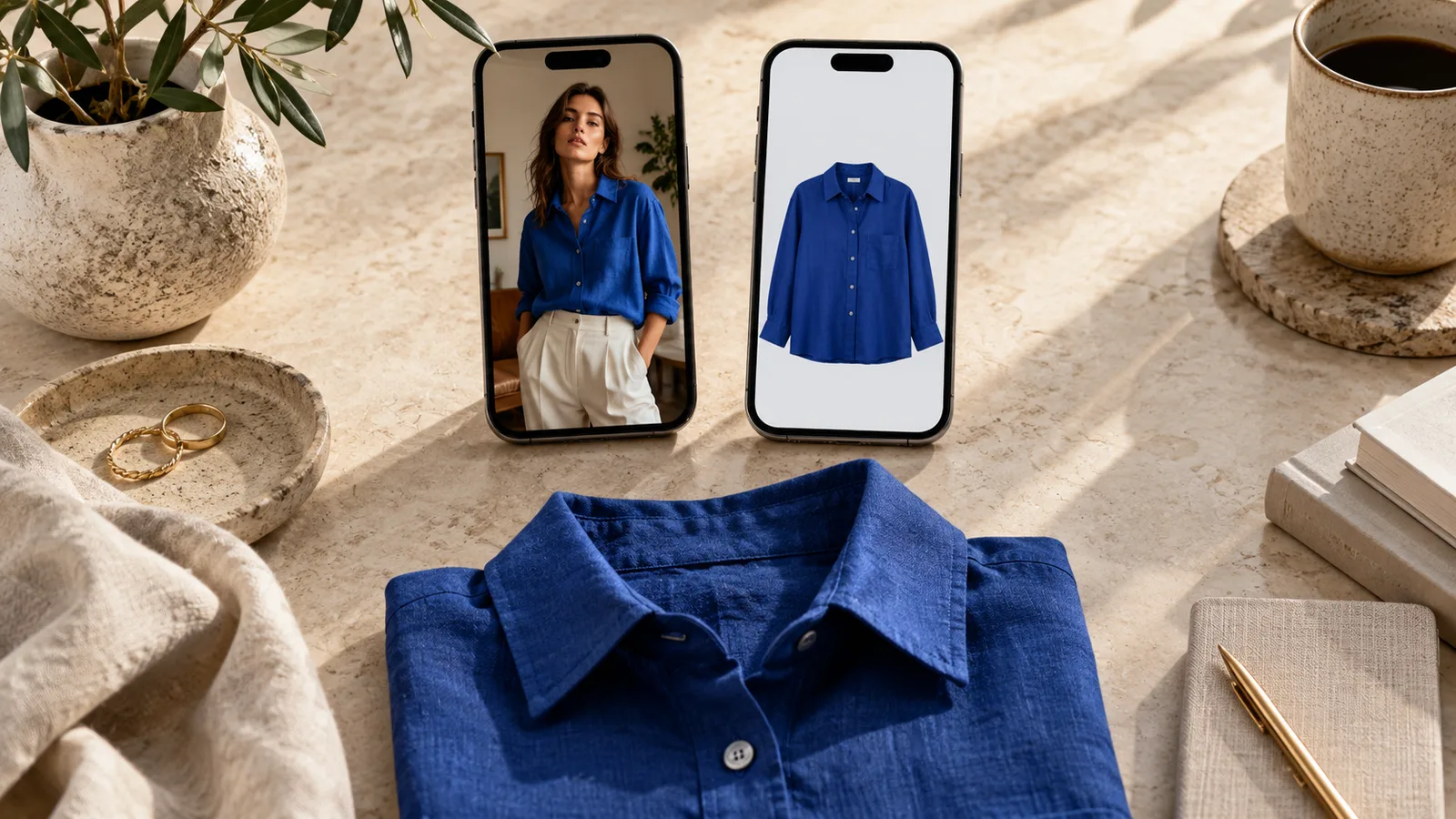 Two phones showing a blue shirt on a model and against a light background