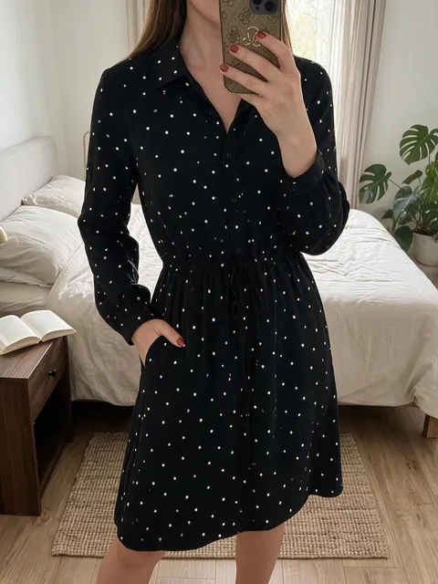 Tmavě modré puntíkované šaty: Výsledek AI na modelce